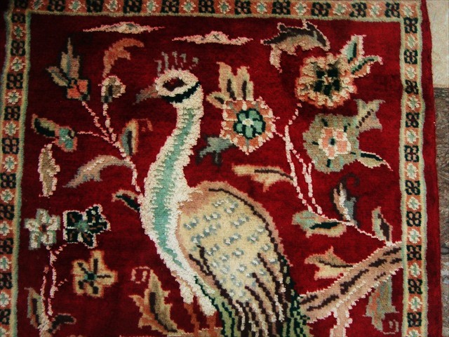 PEACOCK PAIR TREE WAL HANDKNOTTED RUG CARPET SILK 2x1.6  