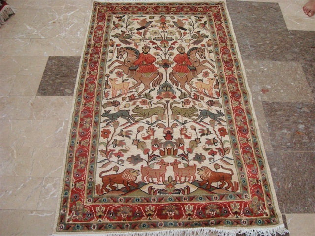 Horses Hunting Shikar GAH King Lion Hand Knotted Rug Wool Silk 