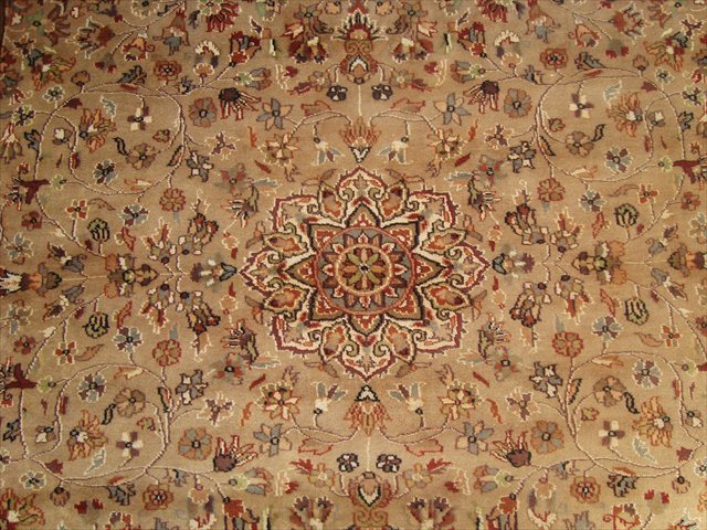 BEIGE TAN FLOWRAL HAND KNOTTED RUG CARPET SILK WOOL 9x6  