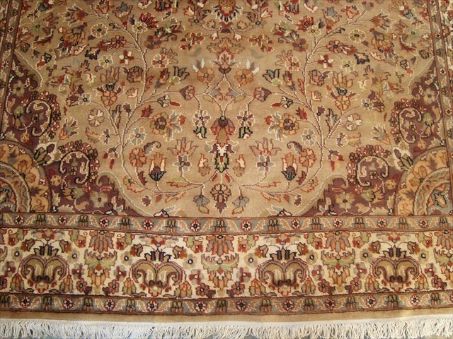 BEIGE TAN FLOWRAL HAND KNOTTED RUG CARPET SILK WOOL 9x6  