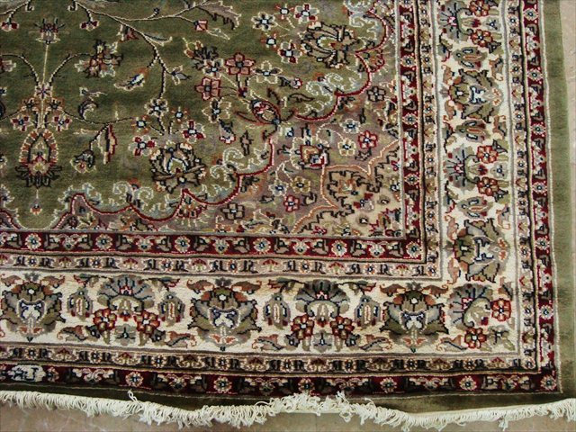 OLIVE GREEN EXCLU HAND KNOTTED RUG WOOL SILK CARPET 9X6  