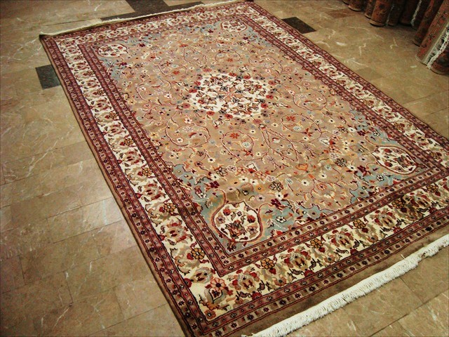 BROWN BEIGE KASHA HAND KNOTTED RUG WOOL SILK CARPET 9X6  