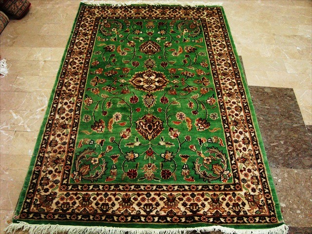 GRASS GREEN EXCLU HAND KNOTTED RUG WOOL SILK CARPET 6x4  